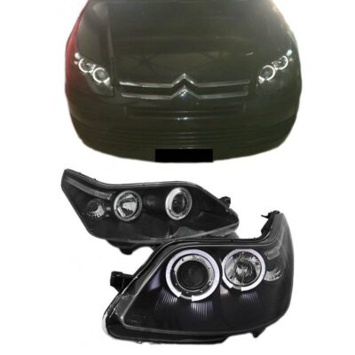 VL Garage - Μπροστινά Φανάρια Set Για Citroen C4 04-10 Angel Eyes Μαύρα H1/H1 Manual Sonar - VL-0008749