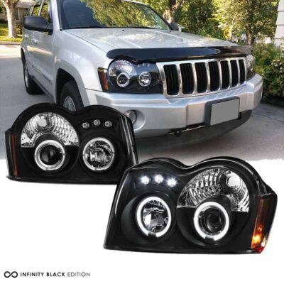 VL Garage - Μπροστινά Φανάρια Set Για Jeep Grand Cherokee 05-08 WK Angel Eyes & Led Μαύρα HB4/H1 Manual Sonar - VL-0012792
