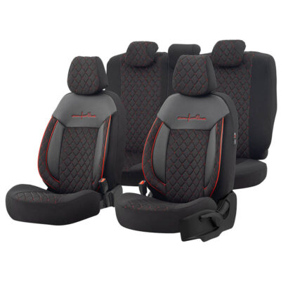 VL Garage - Καλύμματα Αυτοκινήτου Otom Comfortline VIP Design Universal Sued / Rachel / Δερματίνη Καπιτονέ Σετ Εμπρός / Πίσω 11 Τεμαχίων Μαύρο Με Κόκκινο Κέντημα CMV-231 - VL-0027088