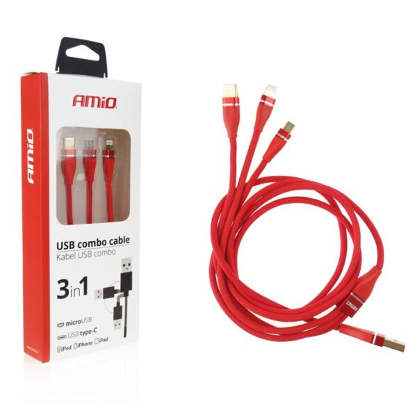 ΚΑΛΩΔΙΟ ΦΟΡΤΙΣΗΣ ΚΑΙ ΜΕΤΑΦΟΡΑΣ ΔΕΔΟΜΕΝΩΝ USB ΣΕ APPLE LIGHTNING - MICRO USB - USB TYPE C 120cm 3.1A AMiO - 1 ΤΕΜ. - Image 2