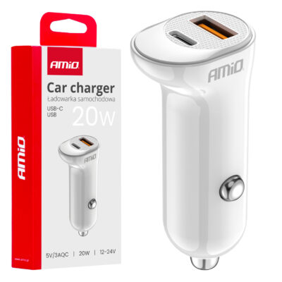 VL Garage - ΦΟΡΤΙΣΤΗΣ ΑΝΑΠΤΗΡΑ 12/24V ΜΕ 2 ΘΥΡΕΣ USB-C+USB 20W 5V/3AQC ΤΑΧΕΙΑΣ ΦΟΡΤΙΣΗΣ ΛΕΥΚΟΣ AMIO - 1 Τεμ. - VL-03882/AM